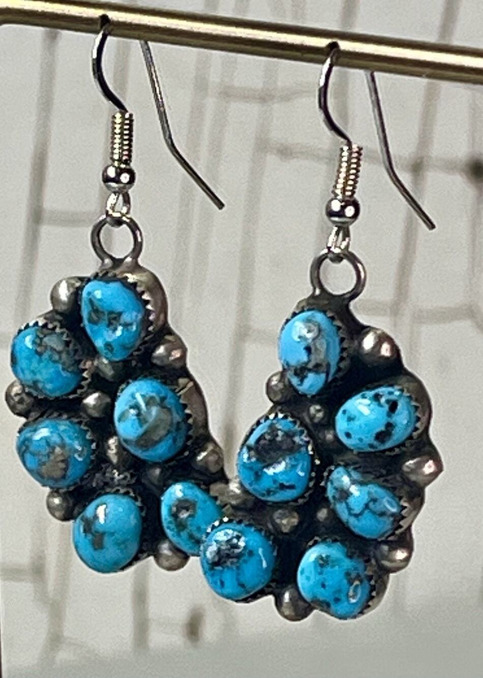 Native American Half Cluster Turquoise Earrings Sterling Silver NAVAJO Signed DN